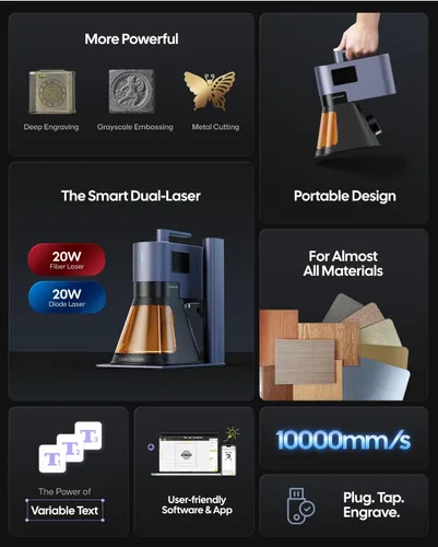 Miniatura 5 de LaserPecker LP5 Smart Dual 20W Fibra + Diodo Grabador láser Cortador con extensión rotativa, extensión deslizante y purificador de aire, relieve 3D