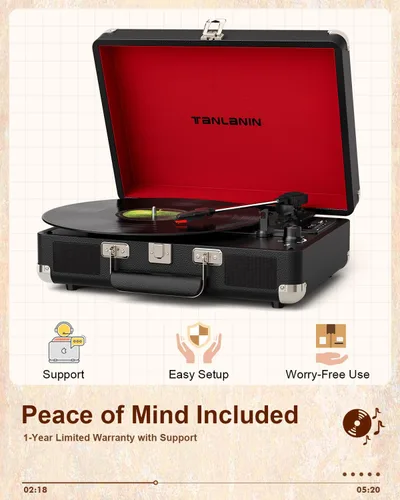 Miniatura 14 de TANALNIN - Tocadiscos de vinilo, tocadiscos portátil de maleta con Bluetooth de 3 velocidades con altavoces integrados, grabación USB, salida RCA