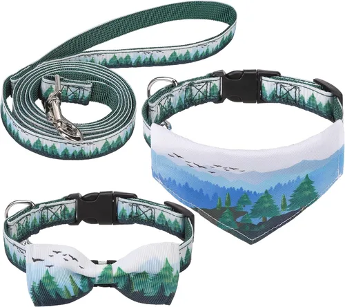 Miniatura 32 de EXPAWLORER Juego de collar y correa para perro - Corbata de moño clásica a cuadros para perro y collar bandana para perro con campana, correa