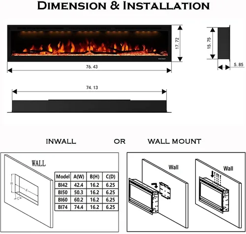 Miniatura 6 de Lujosa chimenea eléctrica de 74 pulgadas, calentador de chimenea empotrado en pared y empotrado en pared, color de llama ajustable y luz superior