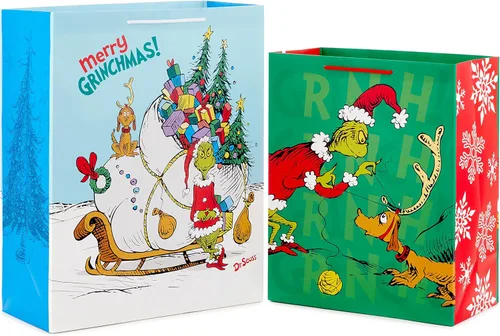 Hallmark Bolsas de regalo de Navidad Grinch para niños (2 bolsas: 1 grande de 13 pulgadas, 1 extra grande de 15 pulgadas) Grinch con Max y trineo,