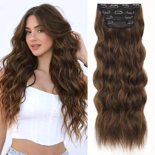 Miniatura 15 de ALXNAN Extensiones de cabello sintético largo y ondulado con clip, de 16 pulgadas, color negro natural, 4 piezas gruesas, fibra de doble trama