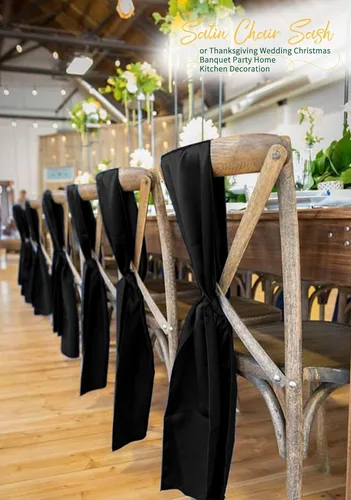 Miniatura 8 de 60 bandas para sillas de satén negro, diseño de lazos con lazos, para decoración de sillas para Acción de Gracias, boda, Navidad, banquetes