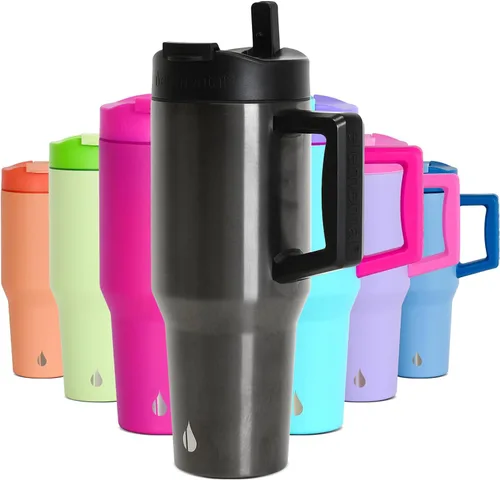 Miniatura 20 de Elemental Vaso de 40 onzas con asa y popote - A prueba de derrames, aislado de acero inoxidable para uso diario - Taza de café de viaje con 2