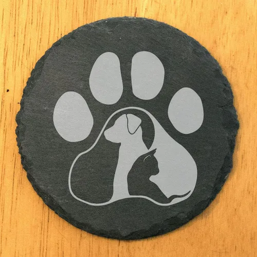 Miniatura 2 de Engraved Dog Cat Paw Coasters Set of 4 – Dog Cat Silhouette Paw Print Design – 4 Inch Round Slate – Pet Lover Home Decor – Handmade in Oregon USA
