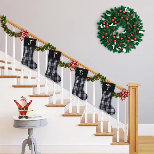 Miniatura 6 de Calcetines de Navidad personalizados con monograma inicial, adornos colgantes, medias clásicas de cuadros negros de 19 pulgadas, decoraciones