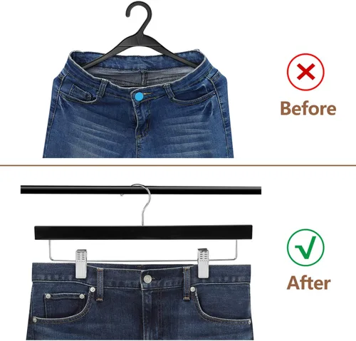 Miniatura 5 de AMKUFO 20 piezas de perchas de madera para pantalones, perchas sólidas para pantalones con clips ajustables de 14 pulgadas, perchas de madera negra