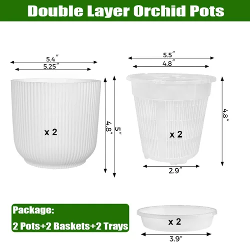 Miniatura 2 de MUZHI Juego de 2 Macetas Inteligentes de 2 Capas para Orquídeas, Cesta de Malla Transparente Ranurada y Bandeja de Drenaje de 13.7 cm, Maceta