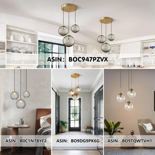 Miniatura 9 de Lámpara colgante de KCO Lighting Moderna de Oro con 3 Luces, Clúster de Globo de Vidrio Ahumado Grande, Lámpara de Araña de Latón Cepillo para Isla