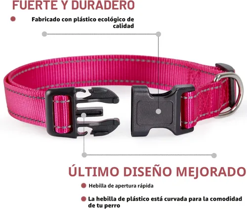 Miniatura 2 de Collar de perro reflectante con hebilla ajustable de nailon de seguridad para perros pequeños, medianos y grandes, rosa M Rosa caliente
