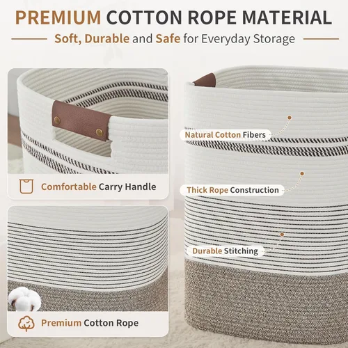 Miniatura 4 de AINUOQI Cesta de lavandería – Cesta alta de cuerda tejida para ropa sucia – Cesta de ropa con asas de cuero, 17 x 13.8 x 22 pulgadas, cesta de Arroz
