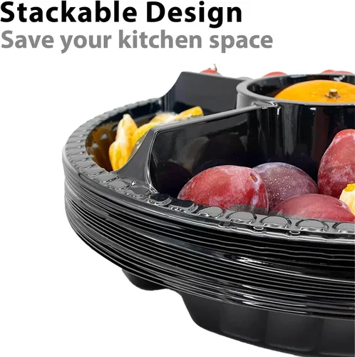 Miniatura 6 de 12 bandejas desechables para frutas, bandeja redonda de plástico para servir aperitivos con tapa, 5 compartimentos, platos de fiesta, recipientes