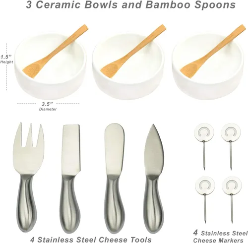 Miniatura 3 de Picnic at Ascot Tabla de queso de bambú/plato de charcutería, incluye 3 cuencos de cerámica, cucharas de bambú, herramientas de queso de acero