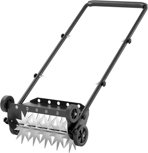 Aireador de césped de 18 pulgadas, aireador de púas de empuje resistente con 4 ruedas, herramienta aireadora de césped con mango de acero, 18.1 in