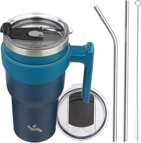 Miniatura 67 de Konokyo - Vaso de 10 onzas con asa y 2 popotes, 2 tapas, botella de agua aislada de acero inoxidable, taza de viaje reutilizable, color verde militar