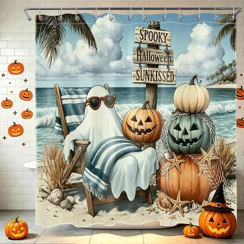 Miniatura 46 de HVEST Cortina de ducha de Halloween, linterna de calabaza y gnomo, cortina de ducha de baño, cortina de ducha de murciélago y araña, decorativa