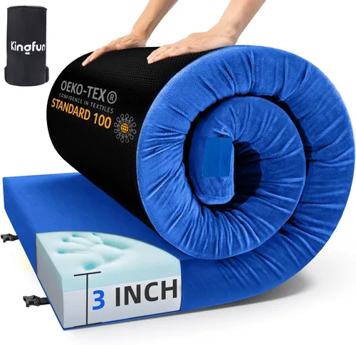 Kingfun Colchón de espuma viscoelástica CertiPUR-US de 3 pulgadas, impermeable, enrollable, tapete grueso para dormir para tienda de campaña con