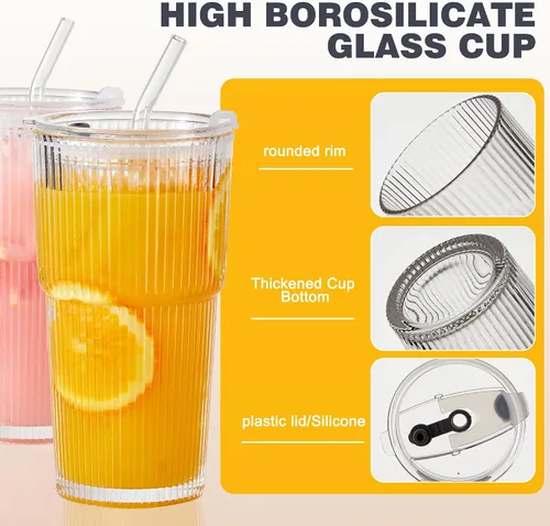 Miniatura 8 de Wells Vasos de vidrio de 20 onzas con tapas y pajitas, tazas de café helado acanaladas, vaso de vidrio grueso, ideal para café, batidos, cócteles