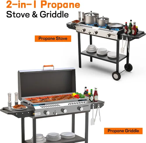 Miniatura 3 de Veralune - Estufa de propano de 3 quemadores con encendido automático 225,000 BTU Gas Griddle with Storage Shelf, Rolling Wheels, Portable Outdoor