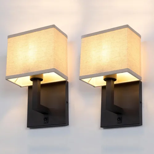 Miniatura 7 de Yosoan Juego de 2 apliques de pared de tela bohemia de lino con interruptor de encendido y apagado, tocador de latón, retro, cableado para Antiguo