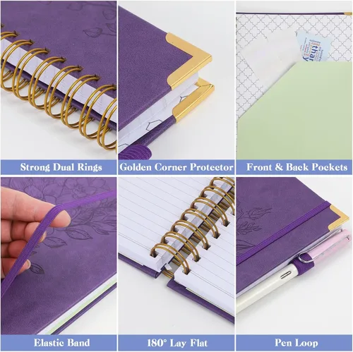 Miniatura 5 de Cuadernos de diario A5, cuaderno de espiral de tapa dura, cuaderno de cuero para mujeres y niñas, cuaderno de rayas universitarias con páginas