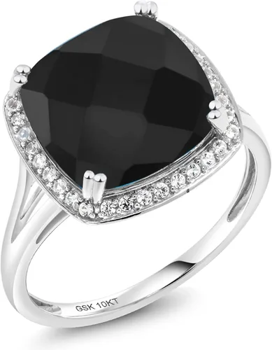 Miniatura 2 de Gem Stone King Anillo de mujer de oro blanco de 10 quilates con ónix negro y zafiro blanco creado