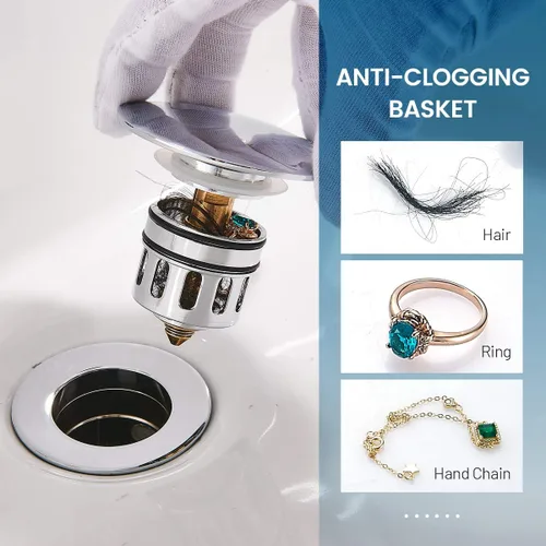 Miniatura 4 de Desagüe para lavabo, drenaje emergente para baño con tapón de cesta desmontable, colador de drenaje antiexplosión y antiobstrucción, conjunto