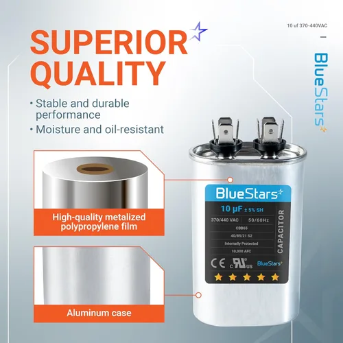 Miniatura 5 de [Listado UL] BlueStars 10 uF ± 5% MFD 370/440V CBB65 CBB65A Pieza de Repuesto de Capacitor de Arranque y Funcionamiento Ovalado - Capacitores