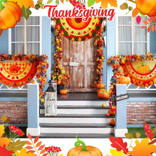 Miniatura 3 de Breling 4 banderas de Acción de Gracias para exteriores de 3 x 1.5 pies, con diseño de calabaza, pavo, otoño, plisada, para colgar en el patio