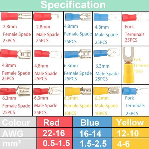 Miniatura 3 de Feggizuli - Kit de 330 piezas de conectores de crimpado, conectores macho y hembra de pala de 2.8mm, 4.8mm y 6.3mm, 15 tipos de terminales