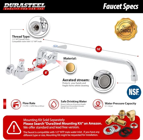 Miniatura 5 de DuraSteel Grifo de Fregadero de Cocina Comercial - Sin Plomo de 8" Montaje en Pared Central para Fregadero de Servicios con Caño Giratorio de 16
