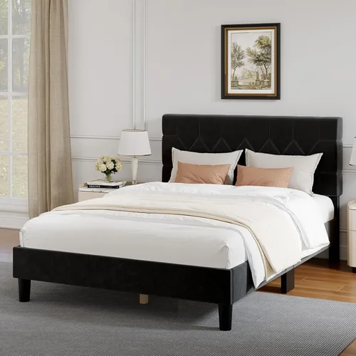 Miniatura 3 de Novilla - Base de cama Queen con cabecero, base de cama tamaño Queen con soporte de listones de madera, cabecero tapizado de terciopelo con puntos