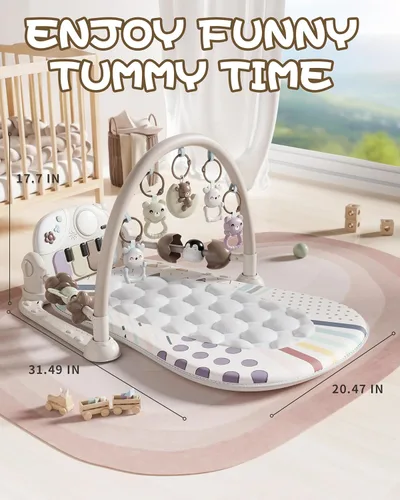 Miniatura 5 de Jovow Alfombrilla de juego para gimnasio para bebés con piano musical desmontable, centro de actividades iluminado con 4 sonajeros y luz nocturna