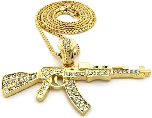 Miniatura 2 de Mens Iced Out ametralladora AK47Chopper, arma Uzi, pistola de mano, caja colgante, cuerda, cadena cubana, set de 3 collares con dije