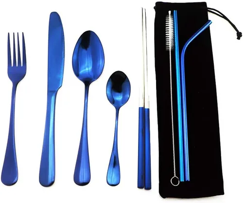 Miniatura 14 de Utensilios reutilizables plateados con estuche, saludables y ecológicos, juego de vajilla portátil de acero inoxidable de 8 piezas, juego de vajilla