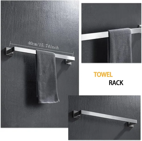 Miniatura 5 de Juego de accesorios de baño de 4 piezas, toallero, toallero, soporte para papel higiénico, ganchos para toallas, ganchos modernos cuadrados de acero