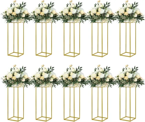 Miniatura 10 de YALLOVE Paquete de 2 soportes dorados de 15.75 pulgadas para flores de boda, soporte de columna de metal para centro de mesa geométrico