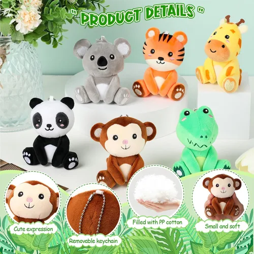 Miniatura 3 de Aoriher 6 llaveros de peluche de bosque a granel, panda, mono, cocodrilo, koala, tigre y jirafa de 4 pulgadas, regalo para el aula, relleno