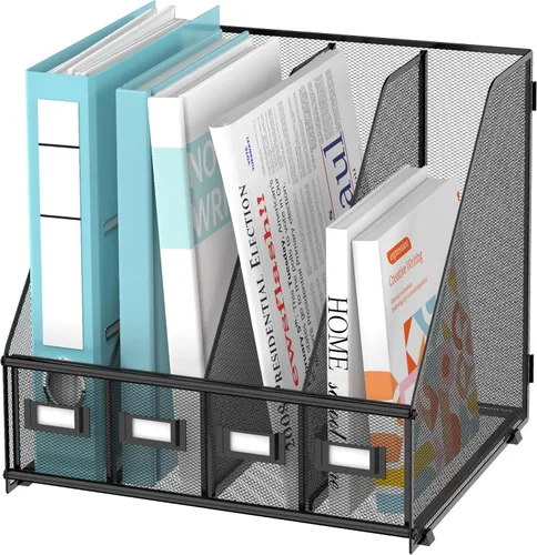SUPEASY Soporte para archivador de revista, organizador de escritorio de metal con 4 compartimentos para estante, organizador de archivos para Negro