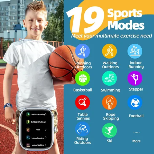 Miniatura 3 de YOUSOKU Reloj de seguimiento de actividad física para niños, IP68, impermeable, reloj inteligente con diales DIY de 1.5 pulgadas, 19 modos Azul