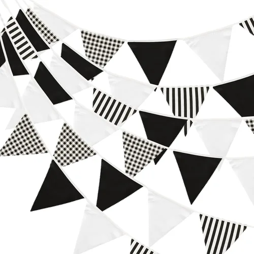 GCQQ Banderines blancos y negros de 40 pies para decoración de fiesta, 42 unidades, pancarta grande de tela a rayas y cuadros, guirnalda de tela