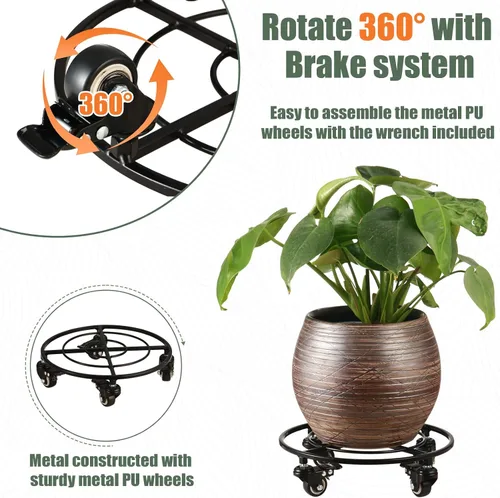Miniatura 4 de Paquete de 2 organizadores grandes de metal para plantas con ruedas de 13.6 pulgadas, soportes rodantes para plantas de hierro forjado, rodillos