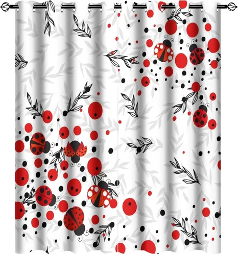Cortinas opacas de estilo japonés de mariquita de dibujos animados, diseño de eucalipto de mariquita roja y negra, juego de tratamiento de ventana
