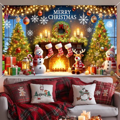 Miniatura 5 de BlissYard Pancarta de Fondo Navideño Escena de Chimenea con Muñeco de Nieve Reno Medias Guirnalda Árbol Regalos Decoración de Fiesta Navideña 71×43