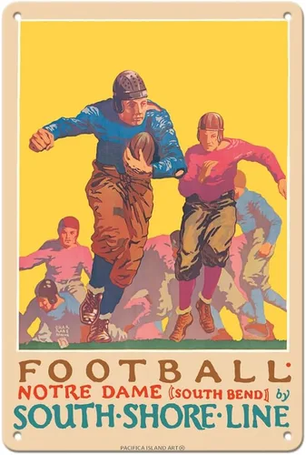Pacifica Island Art Fútbol – Universidad de Notre Dame Indiana – South Shore Line South Bend Station – Póster vintage de viaje en ferrocarril por
