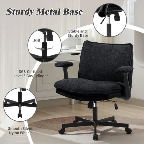 Miniatura 5 de Kassipo Silla de oficina con patas cruzadas con ruedas y brazos abatibles, silla de escritorio tapizada con cruz, sillas de asiento ancho para Negro