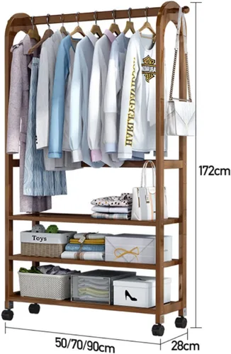 Miniatura 7 de Bamboo Clothes Rack with Wheels,Garment Rack,Multifunctional Entryway Clothing Storage,Hanging Rod for Small Spaces,with Shoe Storage Shelf and 50cm