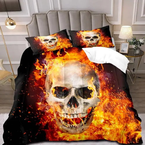 Miniatura 14 de LUVIVIHOME Juego de edredón de 3 piezas de calavera, tamaño King, negro, cuervo, murciélago, telaraña, esqueleto, gótico, calavera, blanco