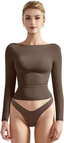 Miniatura 22 de SUUKSESS Camiseta de mujer con cuello redondo, manga larga, doblemente forrada, ajustada y corta