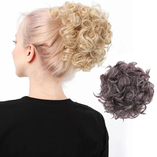 Miniatura 21 de Moño de cabello rizado desordenado, pieza de cabello sintético resistente al calor, extensiones de moño de cabello despeinado con cordón Updos Negro
